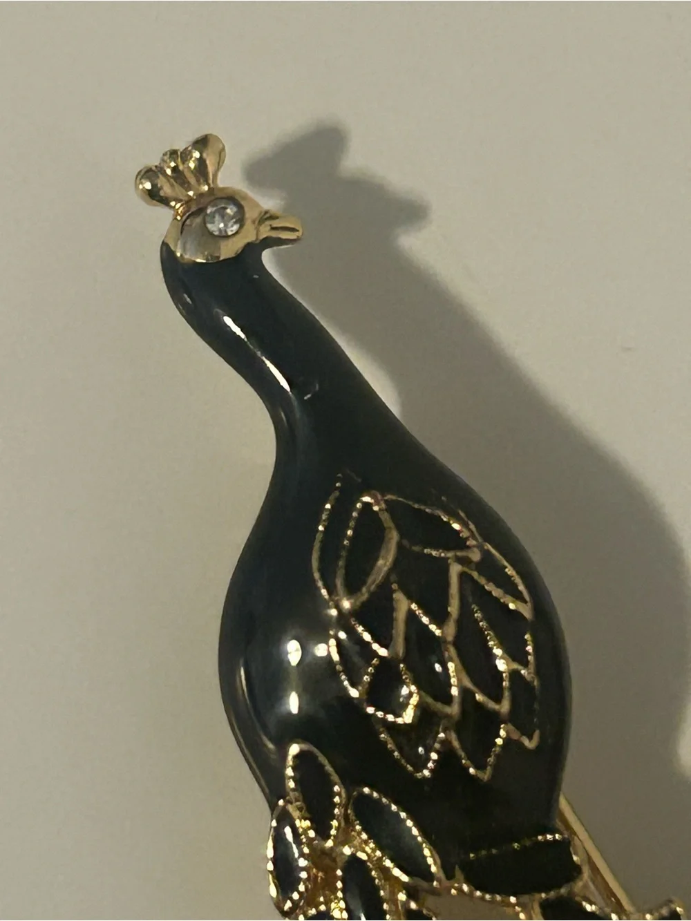 Vintage Peacock Animal Black Enamel Gold And Clear Rhinestone Brooch Pin